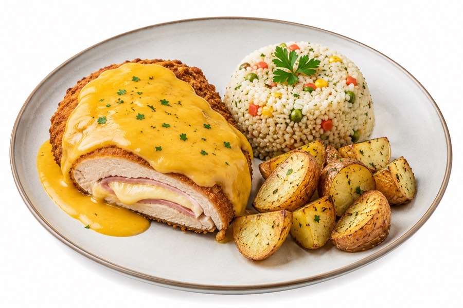 Cordon bleu con salsa de cheddar
